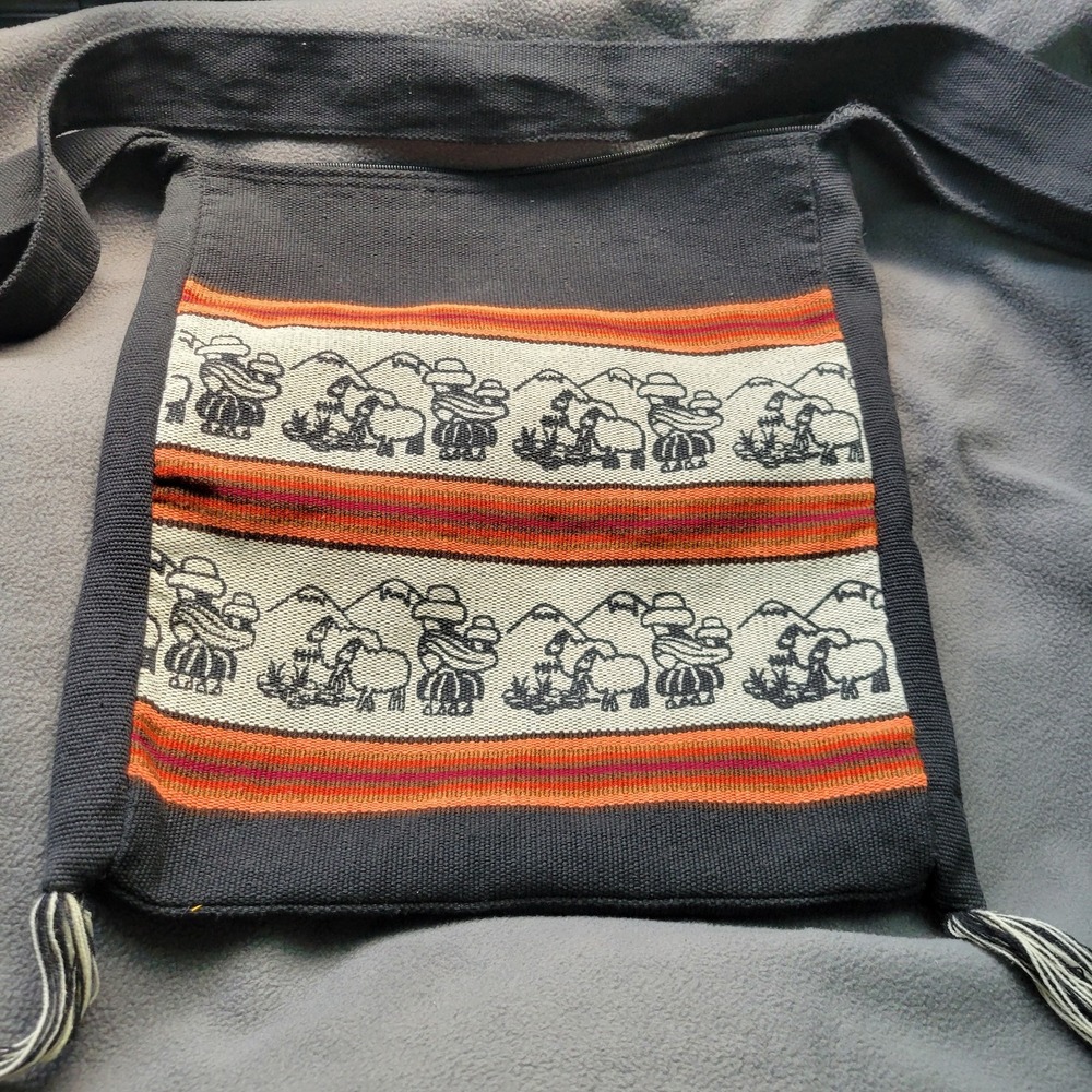 Andean Style Woven Pastoral Motif Zip Top Crossbody Shoulder Bag